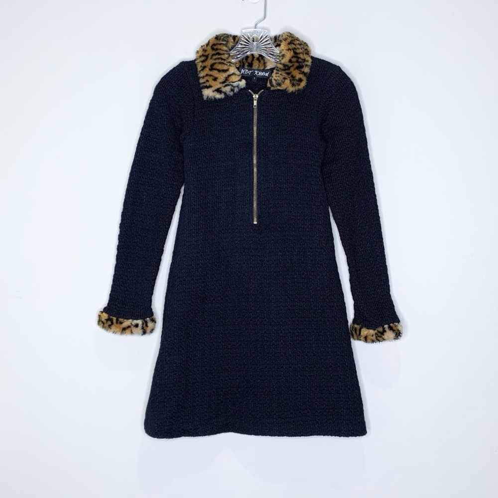 Betsey Johnson Vintage 90s Mini Sweater Dress (Sz P) Leopard Faux Fur Trim Black